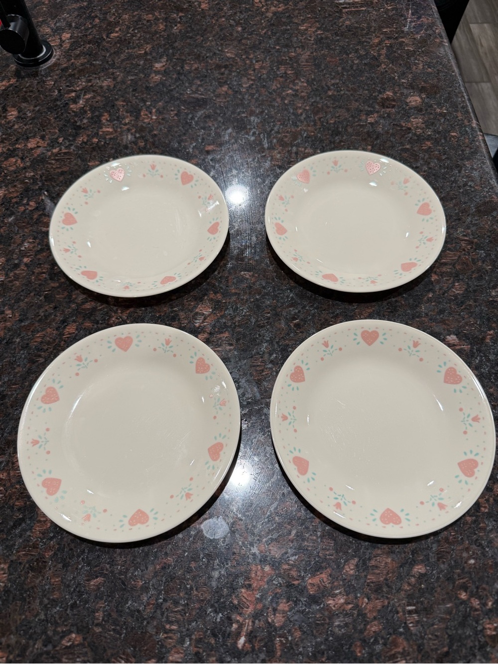 Corelle Forever Yours Heart Bread Plates 6 3/4" Pink Hearts and Tulips Sandstone